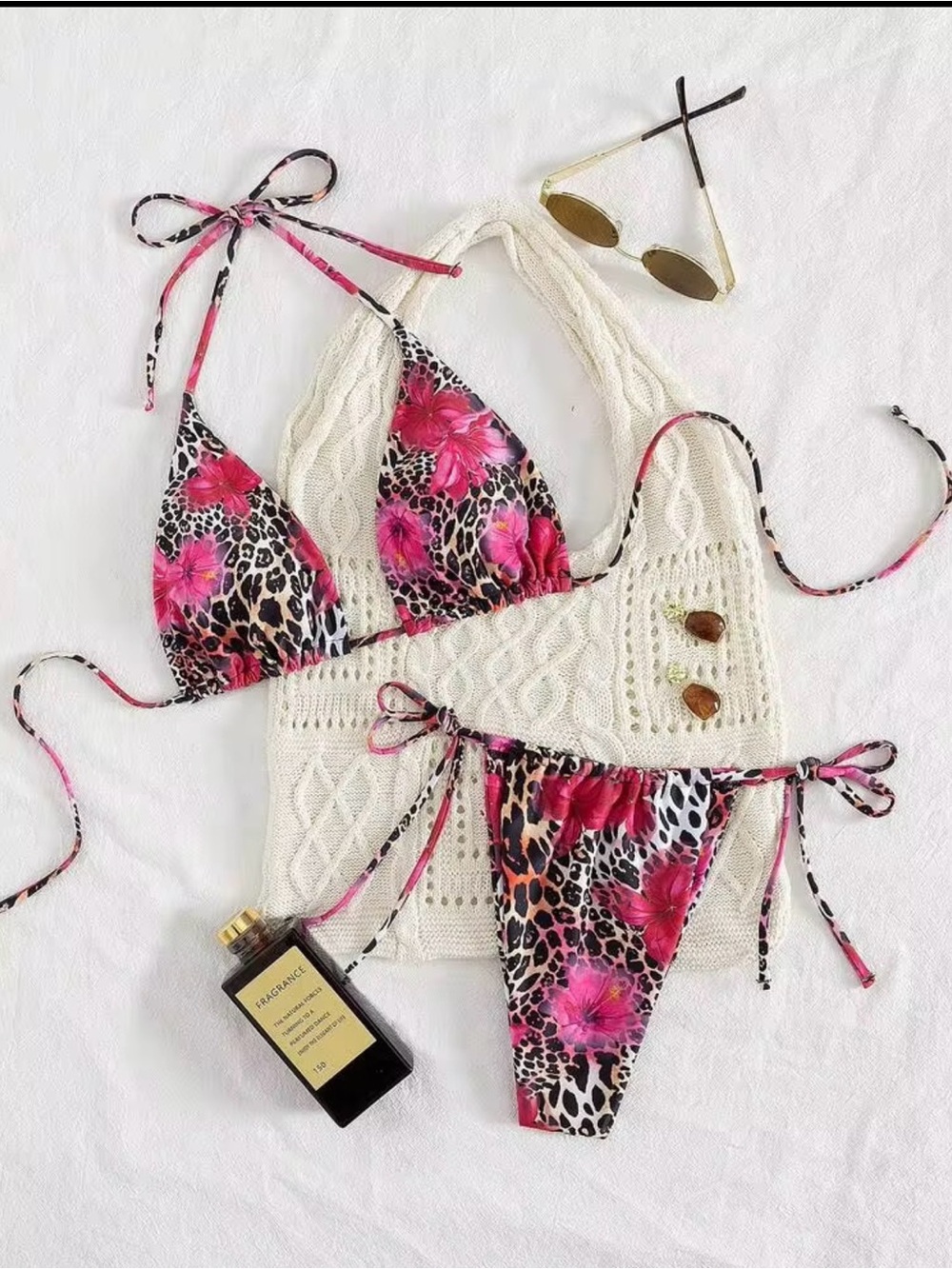 Shein Floral Leopard Print Tie-Side Bikini Set - Pink